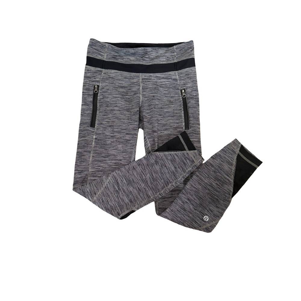 Lululemon Pace Rival Crop Leggings Space Dye Striped Mesh Pockets Black White 6